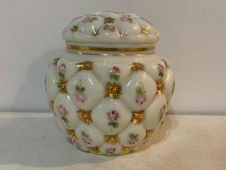 Vintage Antique Milk Glass Covered Vase Jar W/ Gold & Pink Floral Decoration