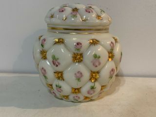 Vintage Antique Milk Glass Covered Vase Jar w/ Gold & Pink Floral Decoration 2