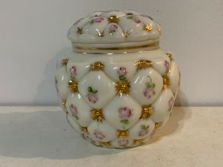 Vintage Antique Milk Glass Covered Vase Jar w/ Gold & Pink Floral Decoration 3