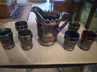 Northwood Vintage Peacock At The Fountain 7 - Piece Cobalt Blue/golden Pitcher Set
