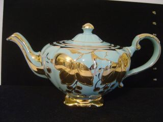 Vintage Arthur Wood Robins Egg Blue Or Aqua And Gold Gilt Teapot Made In England