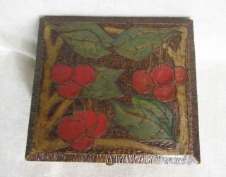 Arts & Crafts Pyrography (wood Burning) Box With Painted Cherries