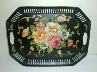 Vintage Black Floral Tole Painted Metal Tray With Handles 13.  5 " X 17 