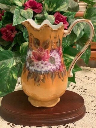 Antique Hand Painted Orange Floral Pitcher With Gold Gilding - Porcelain