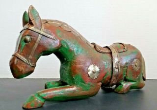 Vintage Decorative Hand Carved Wooden Horse With Copper And Brass Inlay 9.  5 "