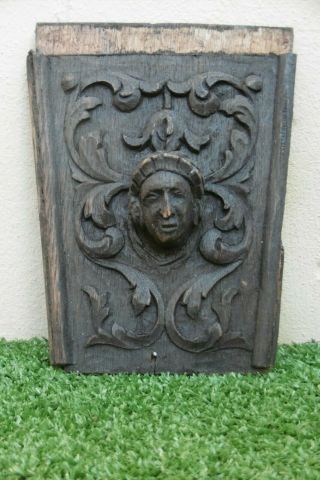 Antique 19thc Oak Carved Panel With Medieval Head To The Centre