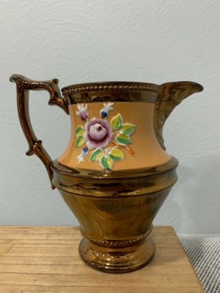 Antique Copper Lustre Luster Ware Creamer Pitcher Jug W/ Floral Decoration