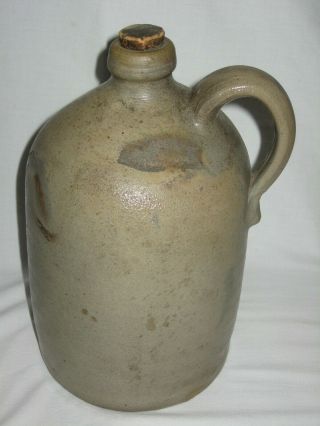 Vintage Stoneware Syrup Whiskey Handled Salt Glaze Pottery Jug W/cork No Marks