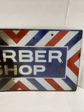 Vintage Porcelain Enamel Barber Shop Sign Double Sided 23 1/2 X 12 4
