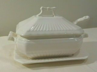 Antique White Ironstone Lidded Gravy Boat,  Underplate And Ladle Set