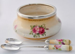 Antique George Jones Crescent China Salad Bowl & Servers Silver Plate Rim Roses