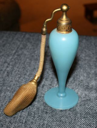 Antique Art Nouveau Blue Satin Glass Perfume Atomizer Bottle