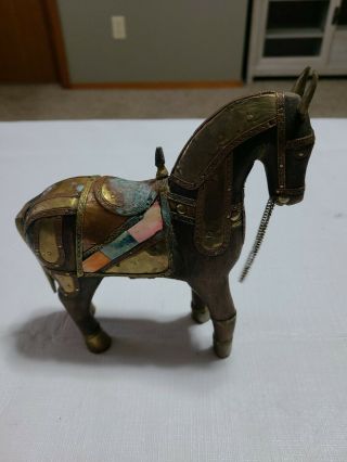 Vintage Decorative Hand Carved Wooden Horse With Copper And Brass Inlay.