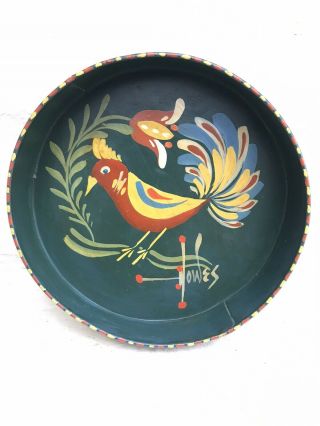Vintage Hand - Painted Howes Toleware Round Tray Pa Dutch Folk Art Distelfink Bird