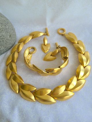 Givenchy Satin Gold Tone Leaf Statement Necklace Bracelet Earrings Set Vintage