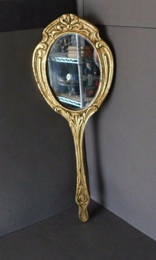 Victorian Vintage Gold Gilt Carved Wood Wall Hand Mirror