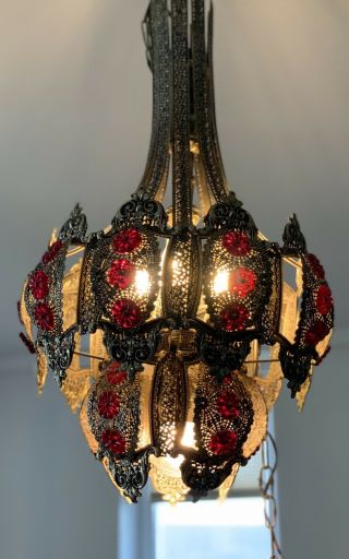 Jeweled Filigree Hollywood Regency Hanging Swag Lamp Chandelier Vintage