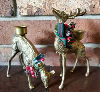 Set Of Vintage Brass Reindeer Deer Candle Holders Set Christmas Holiday Decor