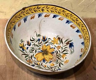 Large 18th Century English Leeds Type Pearlware 5 - Color Hand Painted Bowl