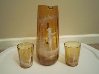 Antique Mary Gregory Blown Amber Water Pitcher & 2 Tumblers