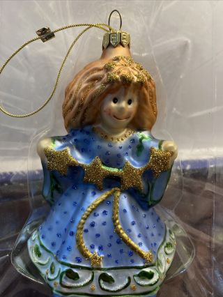 Fitz And Floyd Hand Painted Blown Glass Christmas Ornament Blue Angel -