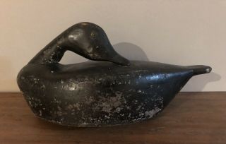 Vintage Solid Wood Carved Preening Black Duck Decoy Paddle Tail Sleeper