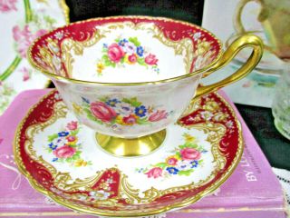 Shelley Tea Cup And Saucer Regal With Pink Roses And Red Color Gold Gilt Teacup