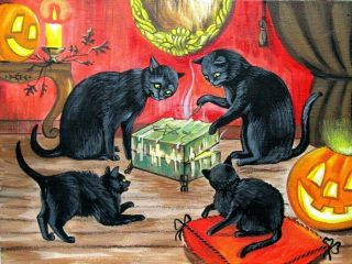 Ooak Halloween Ryta Black Cat Spirit Box Ghost Dybbuk Hand Painted Art