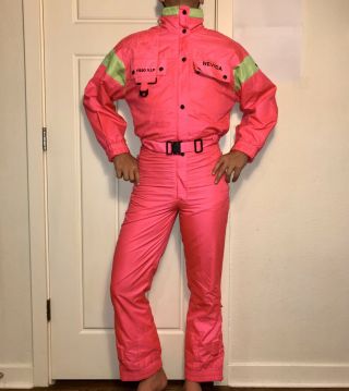 Vtg 80s 90s Nevica One Piece Ski Suit Snow Bib Snowsuit Neon Hot Pink Womens 32