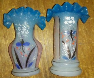 Antique Pair Small Hand Painted Dragonfly Bristol Glass Blue Ruffled Top Vases