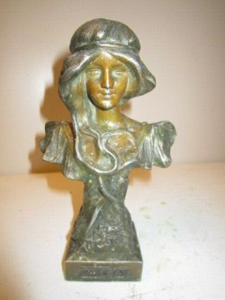 Antique Art Nouveau Female Cast Metal Bust Entitled " Hilda "