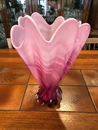 Vintage Murano Art Glass Cranberry Pink Large Vase,  13 3/4 " Tall,  9 " Widest