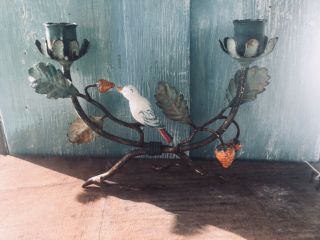Vintage Italian Tole Rustic Wire And Metal Candle Holder With Bird