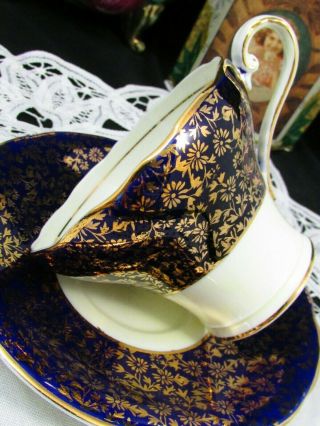 Aynsley Cobalt Blue & Gold Gilt Leafy Chintz Corset Tea Cup And Saucer