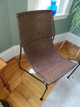 Pair Brown Wicker & Metal Vintage Mid Century Lounge Chairs Exc