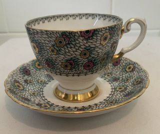 Antique Vintage Tuscan England Teacup Saucer Peacock Feather & Flowers Gold Gilt