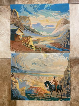 Pair 1950s Vintage Paint By Number Cowboy Horse Desert Southwest Painted Desert