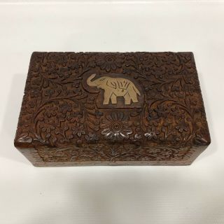 Vintage Hand - Carved Wood Trinket Box Floral & Metal Elephant On It India Hinged