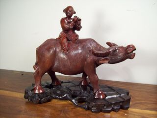Vintage Asian Wooden Hand Carved Figurine Water Buffalo With Man
