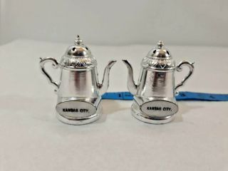 Vtg Silver Tone Kansas City Tea Pot Salt & Pepper Shakers Teapot Ships