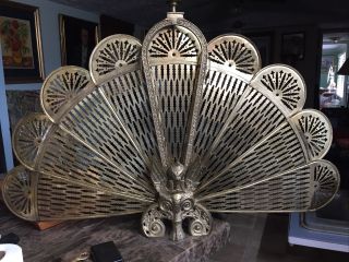 Vintage Brass Peacock Folding Fan Fire Screen Fireplace Gargoyle / Elephant