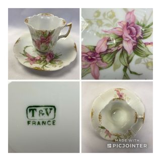 T & V Limoges Antique Hand Painted Orchid Flowers Demitasse Cup & Saucer (m12