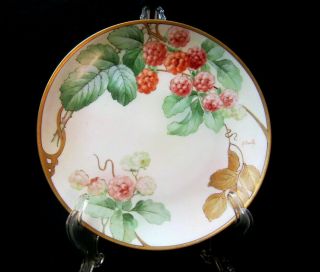 Antique Ginori Signed R.  Pinelli Hand Painted Berries 9 " Cabinet Plate W/gold