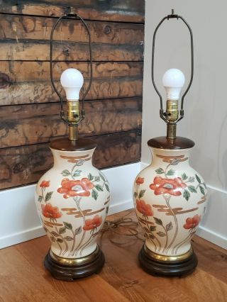 Pair Vtg Frederick Cooper Porcelain Ginger Jar Table Lamp Mcm Brass Crackle