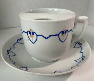 Vintage Moustache Tea Cup And Saucer - White Cup W/ Blue Hearts - Gold Trims Worn