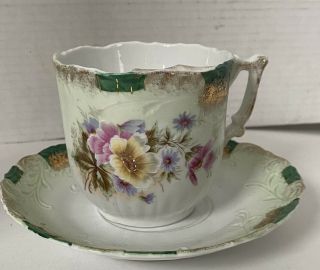 Vintage Moustache Tea Cup And Saucer - White/green Cup W/ Multi Color Flowers