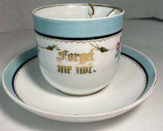 Vintage Moustache Tea Cup And Saucer - White Cup W/ Teal Accents “forget Me Not.  ”