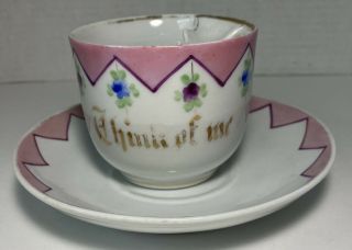 Vintage Moustache Tea Cup And Saucer - White Cup W/ Pink Accents “think Of Me”