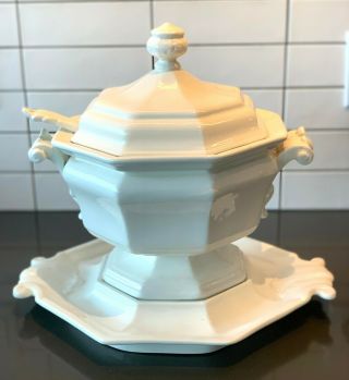 Antique White Ironstone Soup Tureen,  Underplate,  Lid & Ladle -