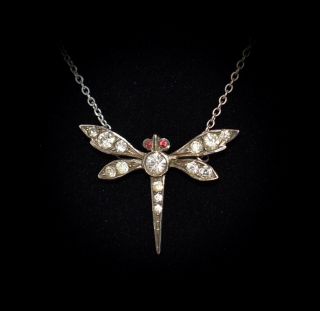 Gorgeous Antique French Jeweled Dragonfly Sterling Pendant Necklace